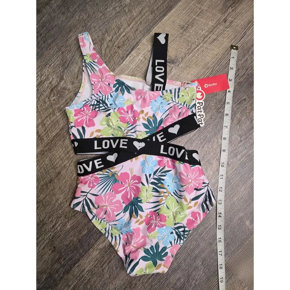PatPat Girls Swimsuit Size 7-8Y Pink Tropical Floral Cutout One Piece NWT